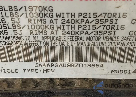 2011 Mitsubishi Outlander Sport Es z USA, uszkodzony, nr VIN JA4AP3AU9BZ018654